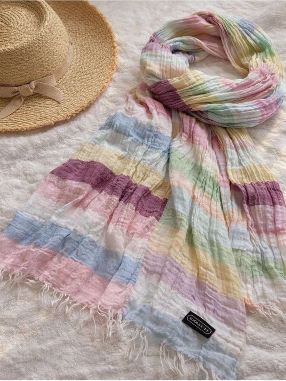 Coach Pastel Striped Cotton Scarf Made in Italy Lightweight